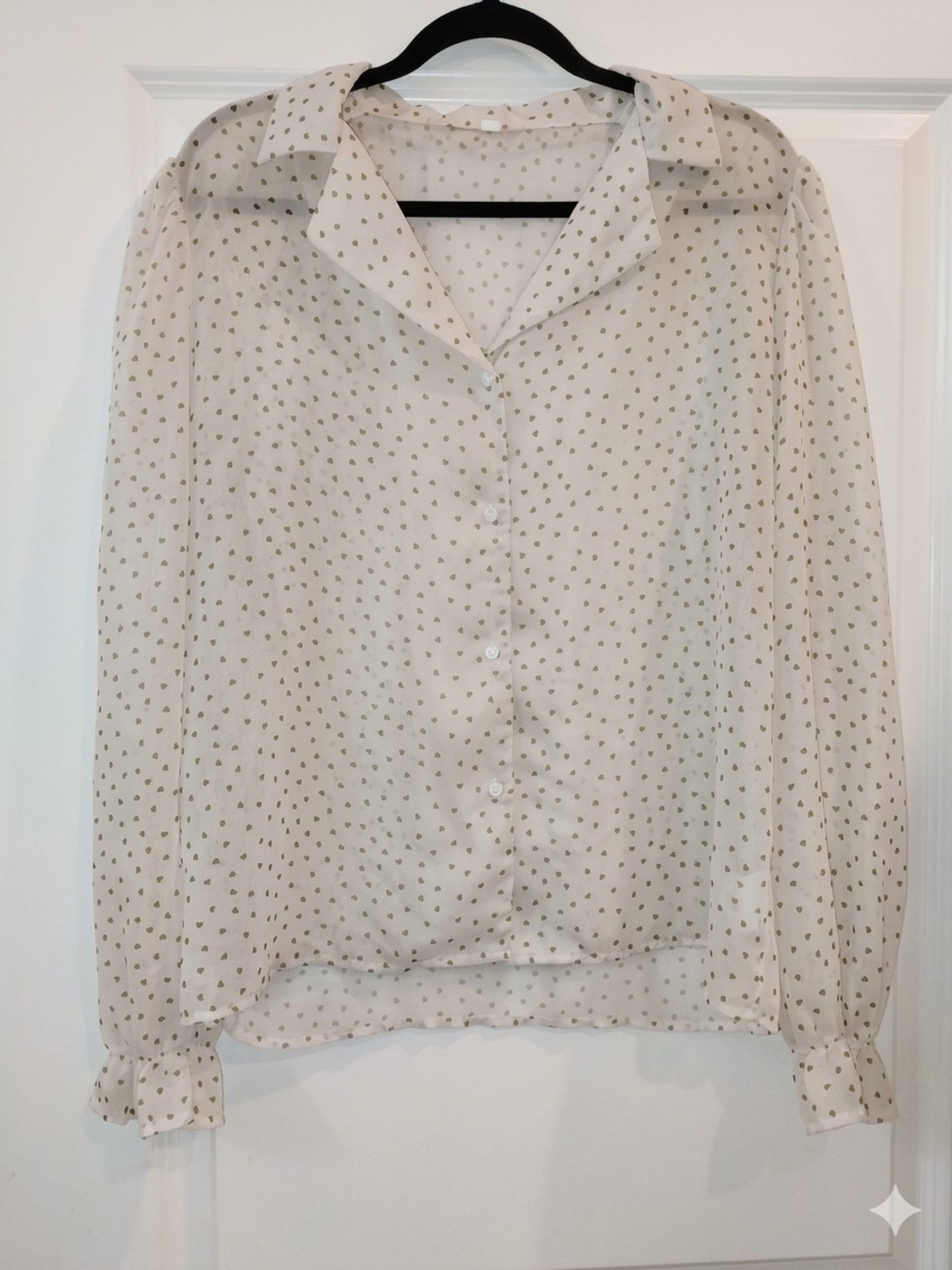 Vintage Y2K Aesthetic Sheer White Heart Print Button Down Top Preppy Size Large